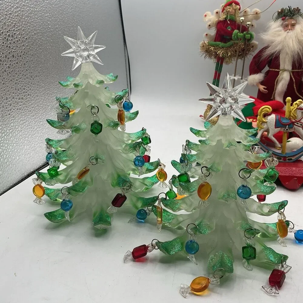 Set of 2 Acrylic Christmas Trees Candy Ornaments Glitter Star Topper 6–7”